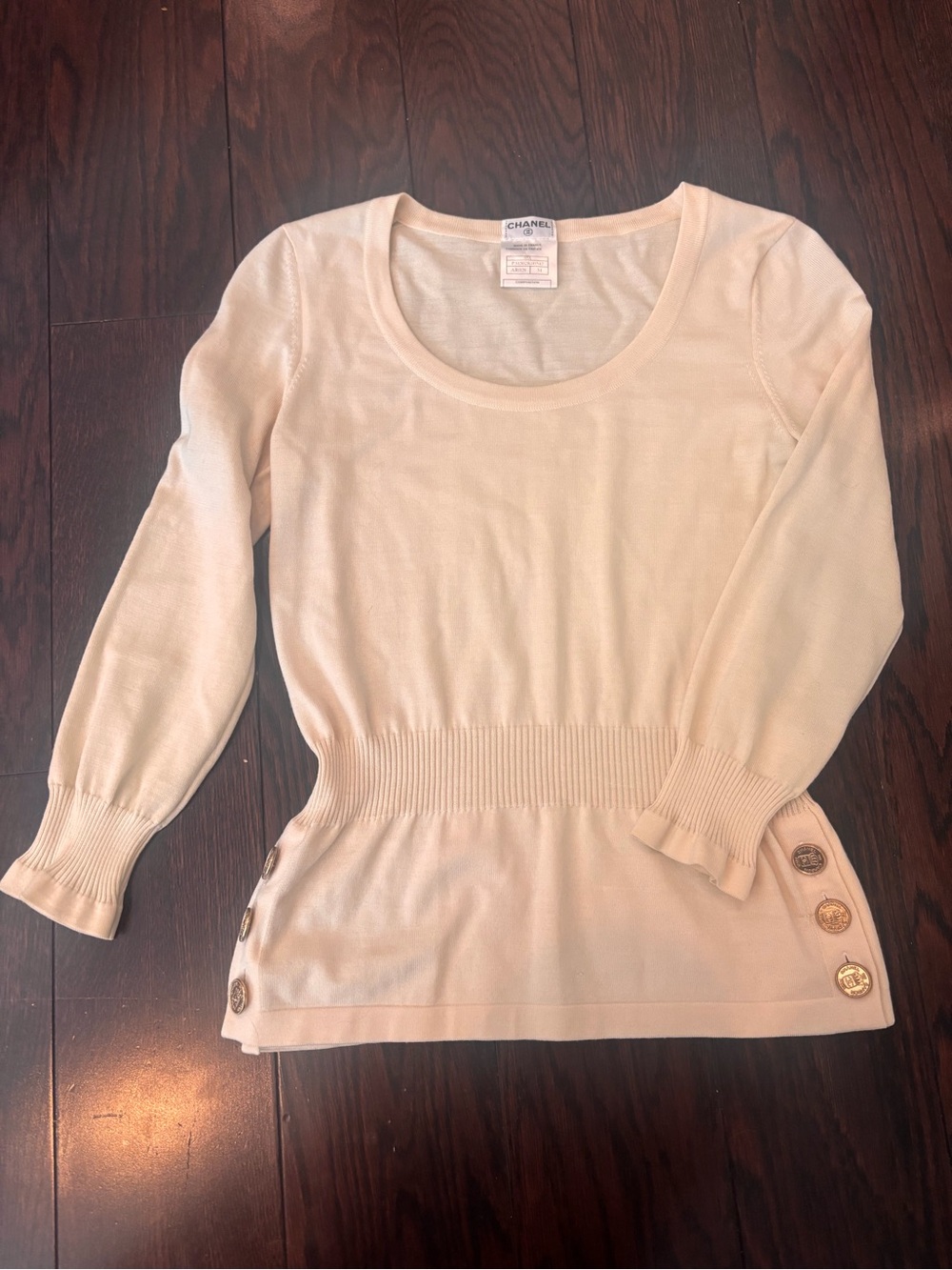 CHANEL Cream Scoop Neck Knit Top with Gold Buttons
